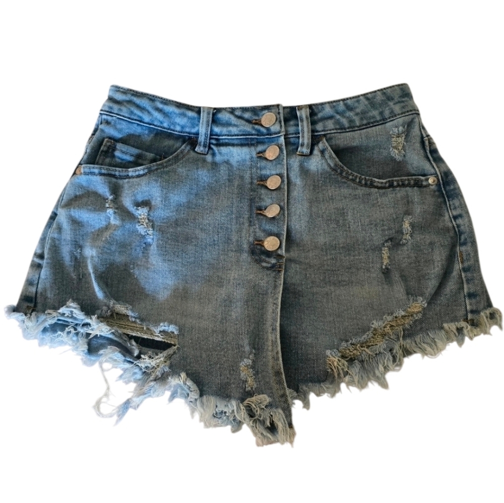 Steve Madden High Rise Cheeky Blue Distressed Jean Shorts Size 5 Shorty Frayed - Picture 1 of 9